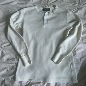 Womens Medium White Henley Cotton-Blend Long Sleeve